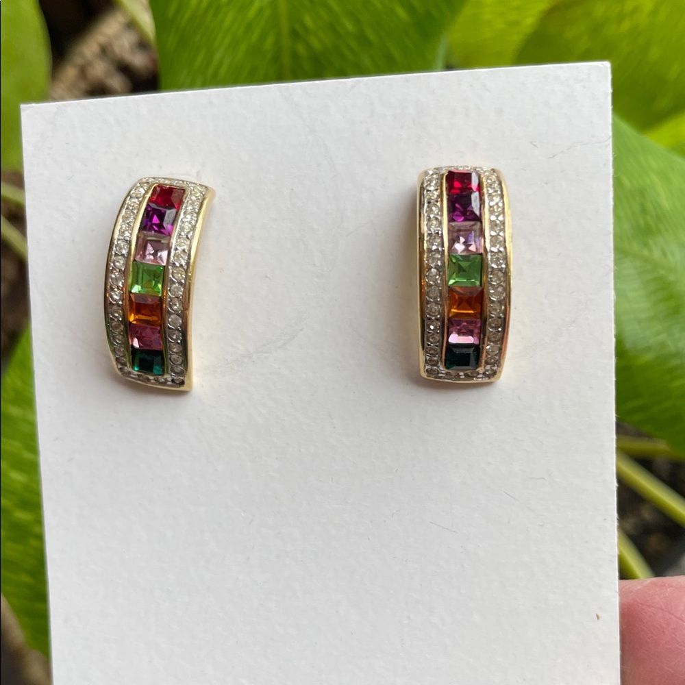 Vintage Multicolor‎ Gemstone With Cubic Zirconia Stone Set in Gold Tone Earrings